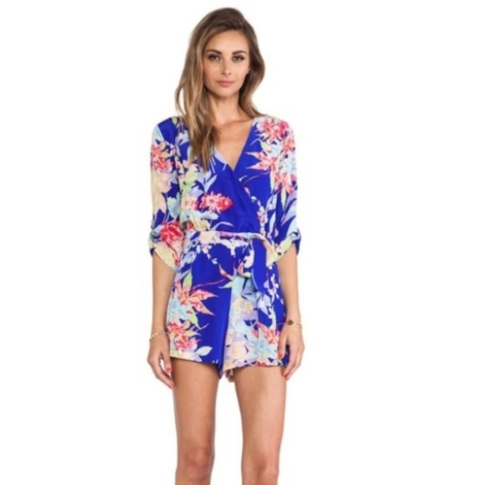 nwot yumi kim liz floral romper purple silk v neck tie waist dress jumpsuit xs